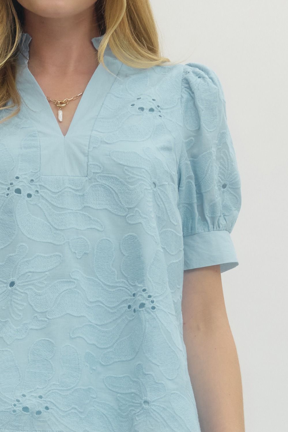 Floral Detail Puff Sleeve Top In Light Blue