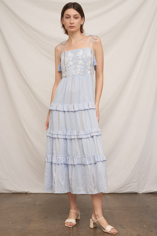 Floral Embroidered Tiered Midi Dress