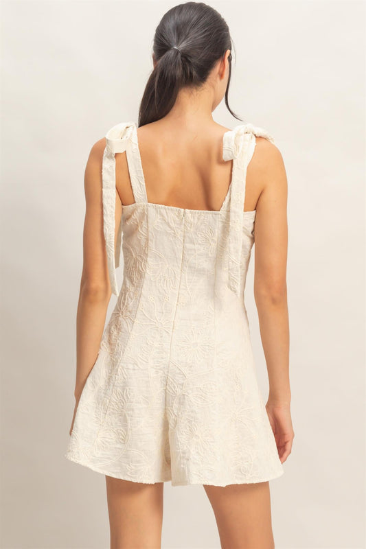 Floral Embroidery Tie Strap Romper In Cream