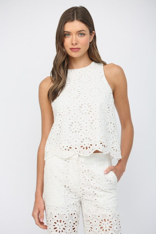 Floral Eyelet Lace Top In Off White
