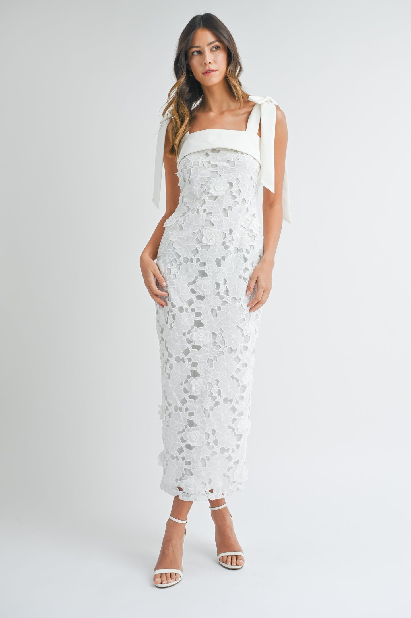 Floral Lace Midi Dress in White