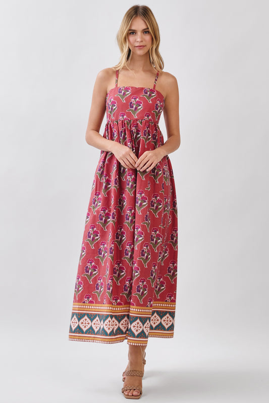 Floral Print Gathered Waist Seam Maxi Dress In Rust