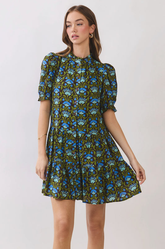 Green Floral Print Puff Sleeve Button Front Mini Dress