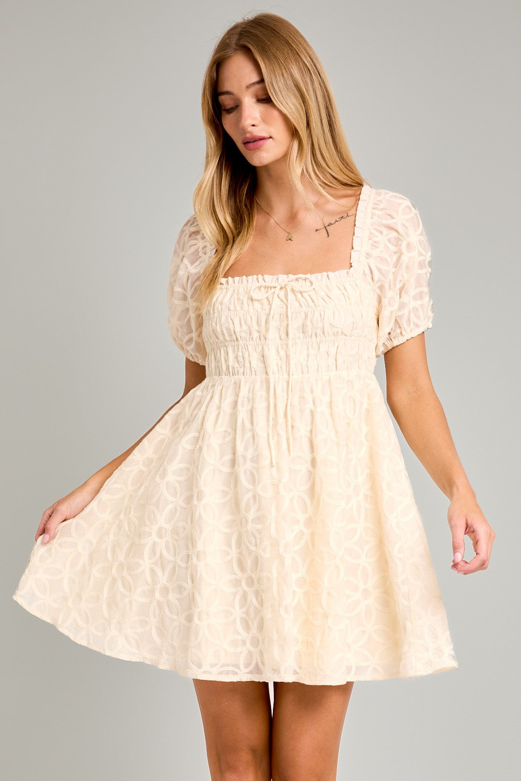 Floral Stitched Mini Dress in Cream