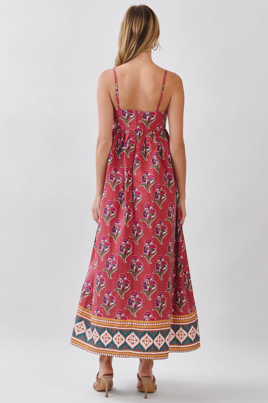 Floral Print Gathered Waist Seam Maxi Dress In Rust