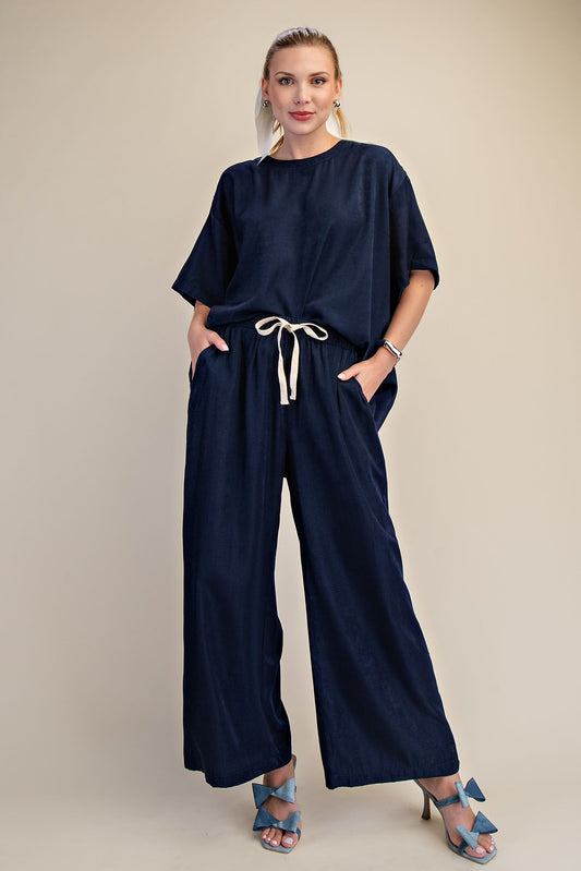 Flowy & Sleek Pants Set In Navy