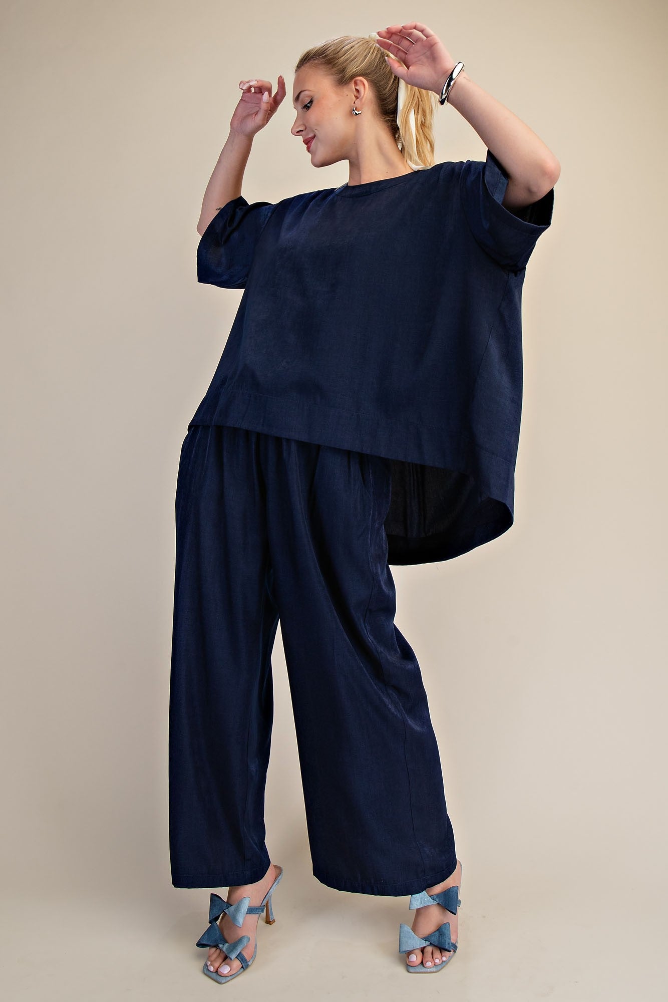 Flowy & Sleek Pants Set In Navy
