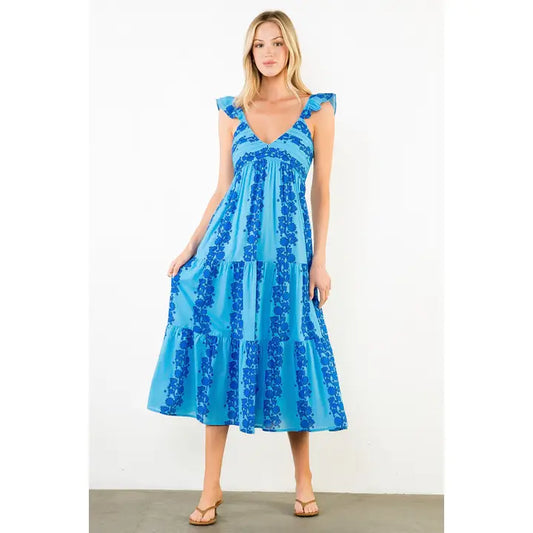 Flutter Sleeve Patterned Print Midi Dress In Blue