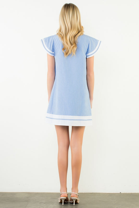 Flutter Sleeve Striped V-neck Dress In Blue