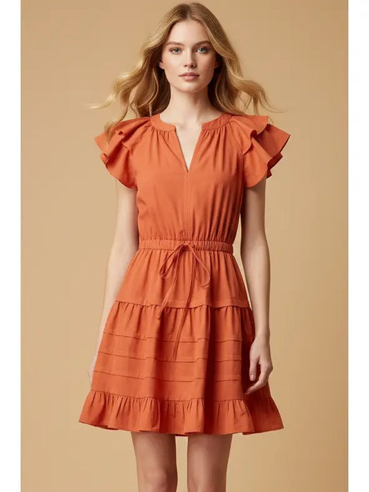 Flutter Sleeve Tiered Mini Dress In Orange Red