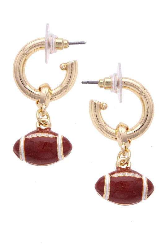 Football Enamel Drop Hoop Earrings in Brown/White