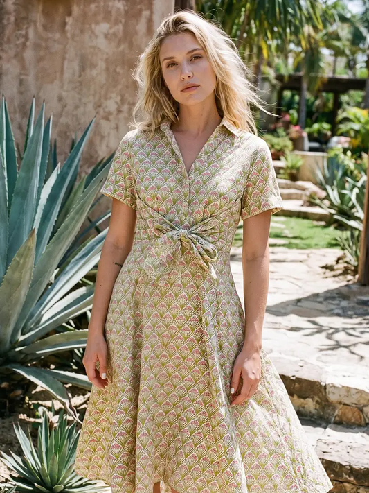 Front Tie Flower Print Dress In Green