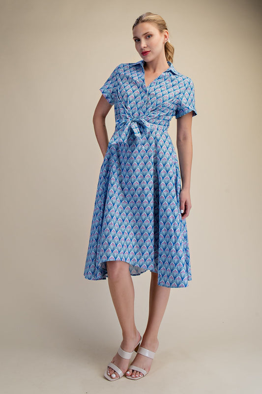 Front Tie Flower Print Dress in Blue