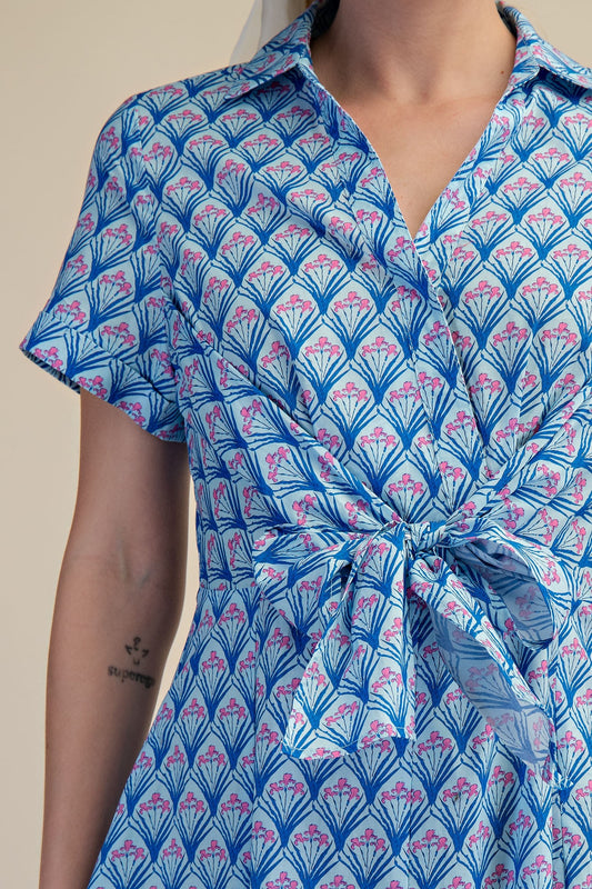 Front Tie Flower Print Dress in Blue