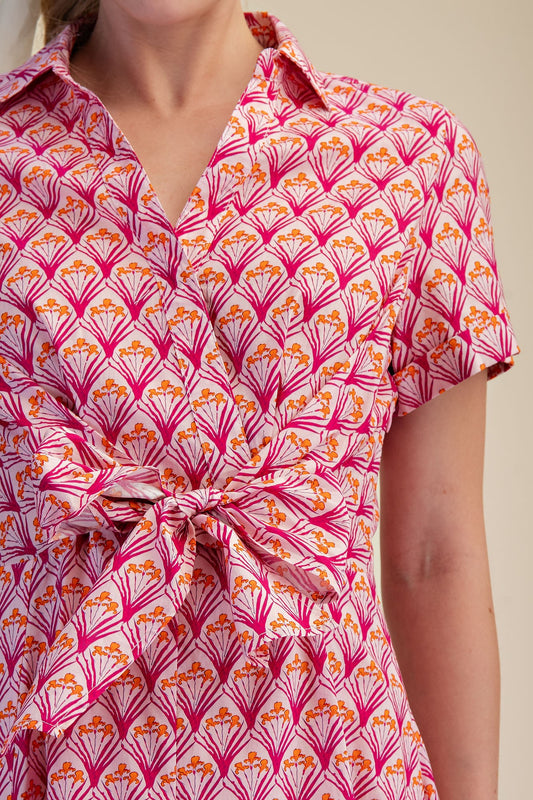 Front Tie Flower Print Dress in Pink