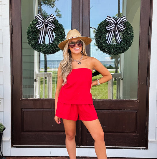 Gam Day Bow Back Short Set in Red