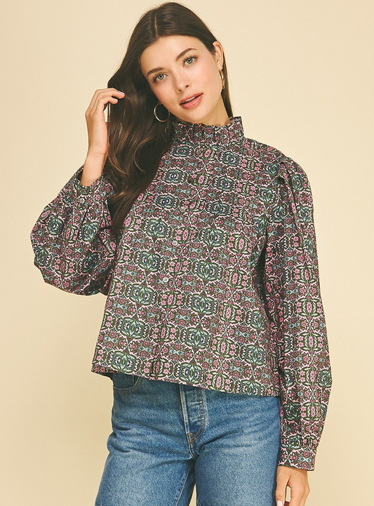 Geometric Floral Ruffled Mock Neck Blouse