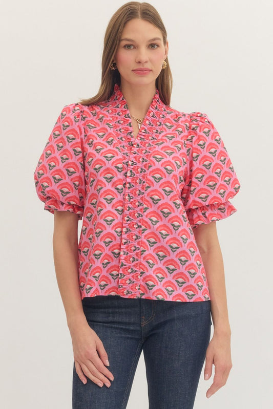 Geometric Print Puff Sleeve Top In PInk