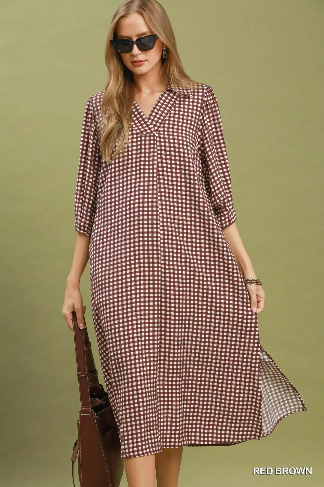Gingham Check Collared Midi Dress In Red Brown