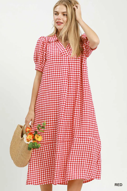 Gingham Puff Sleeve Midi Dress In Red