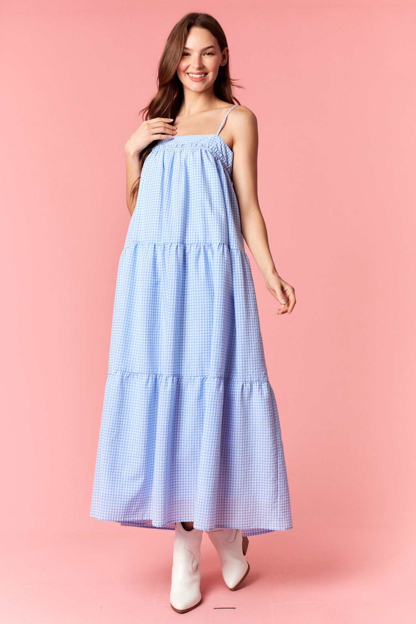 Gingham Tie Back Dress in Blue
