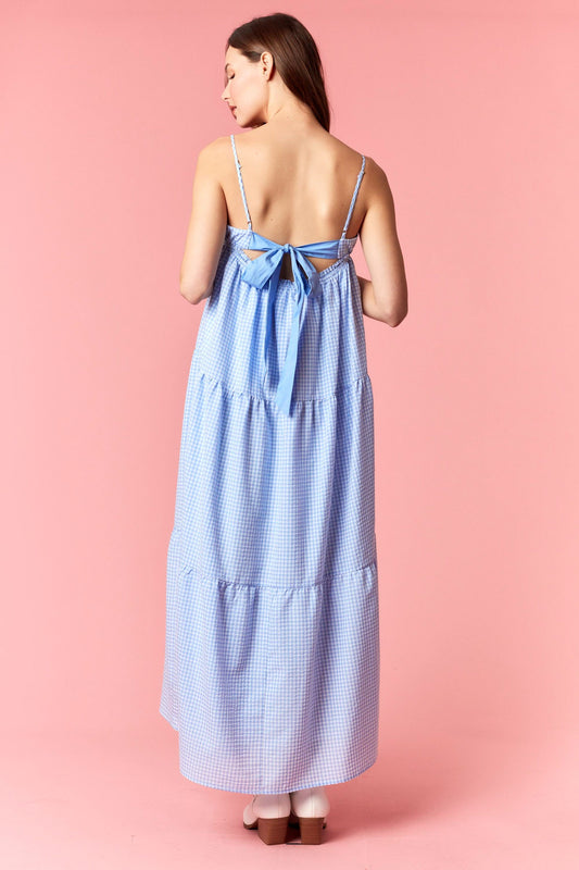 Gingham Tie Back Dress in Blue