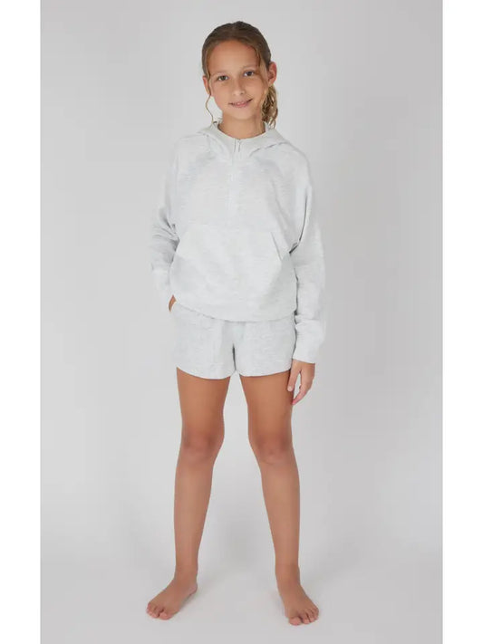 Girls Half Zip Hoodie & Short Set In Heather Grey