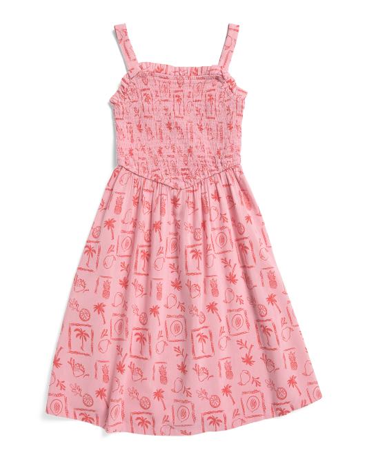 Girls Linen Blend Printed Dress