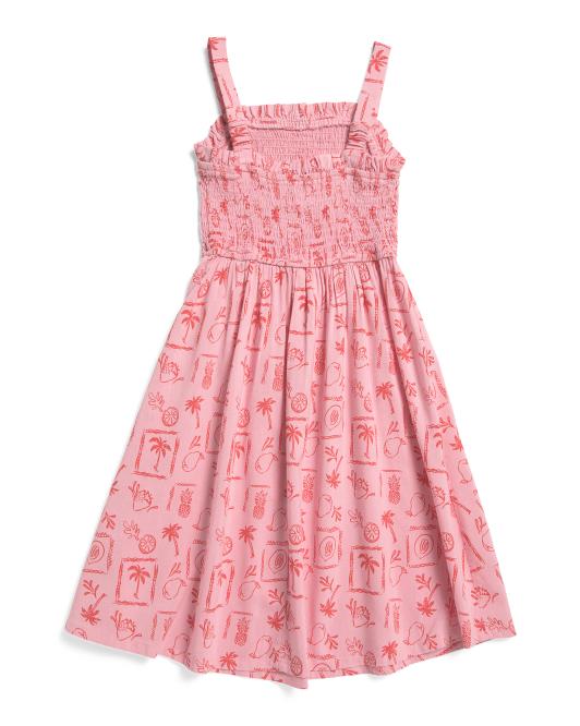 Girls Linen Blend Printed Dress