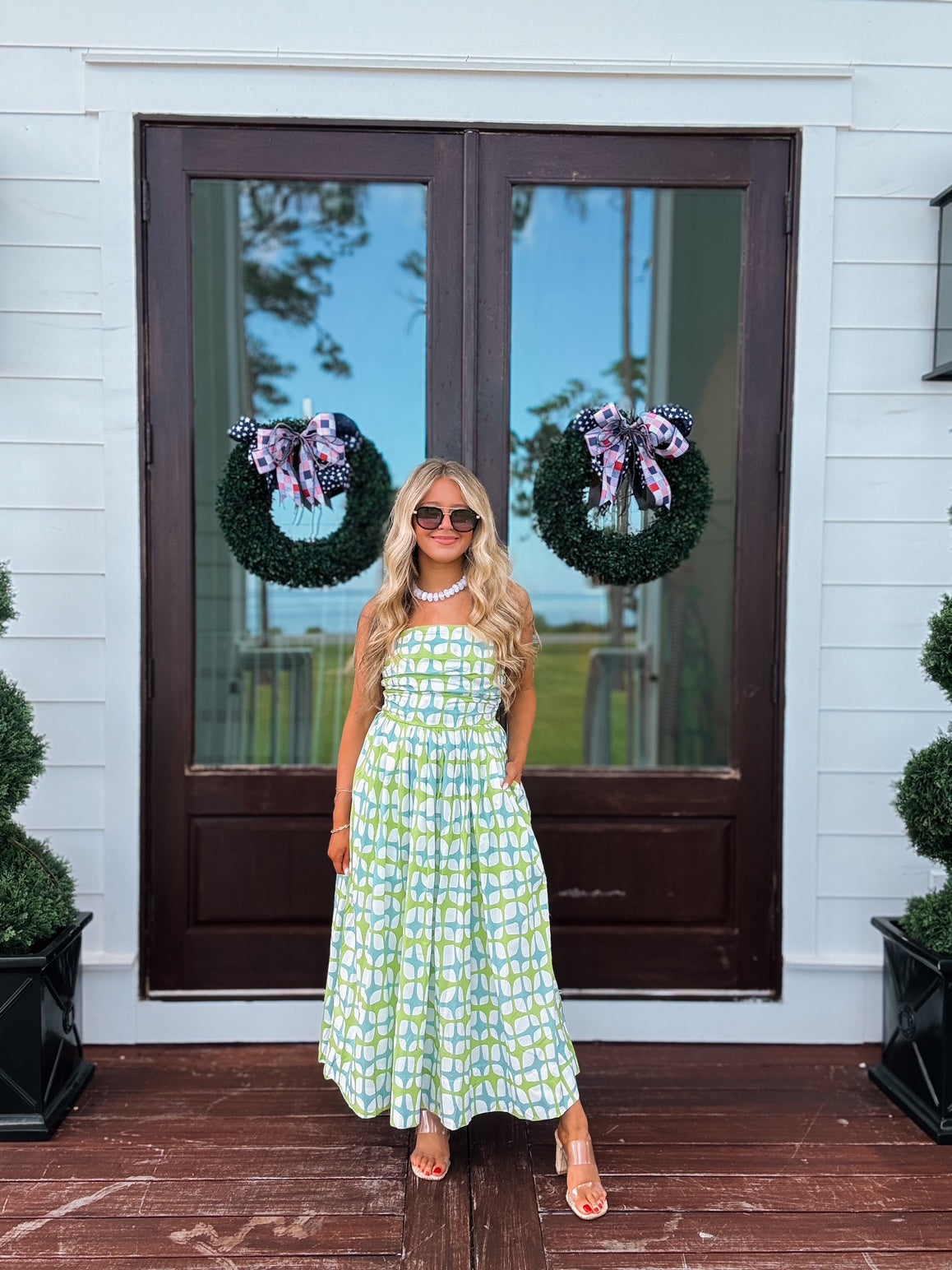Green And Blue Geometric Print Midi Dress