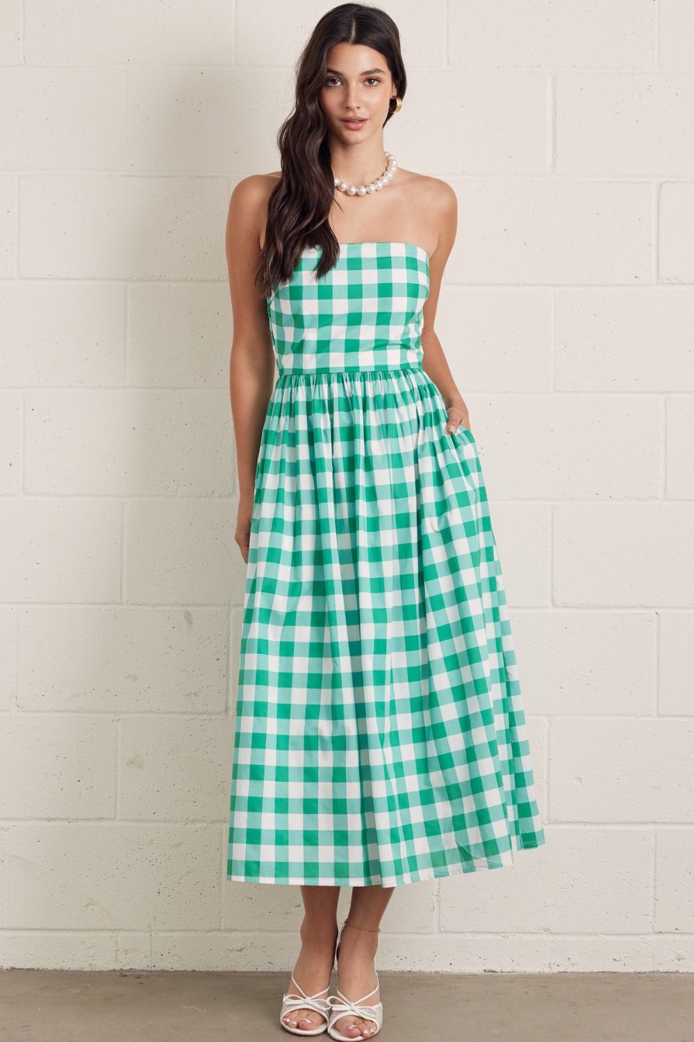 Green Gingham Strapless Midi Dress