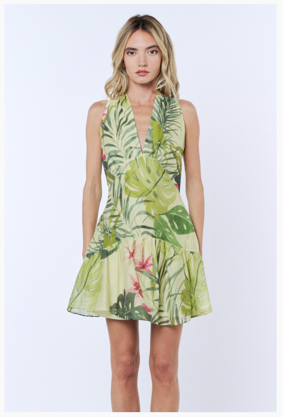 Green Palm Halter Mini Dress