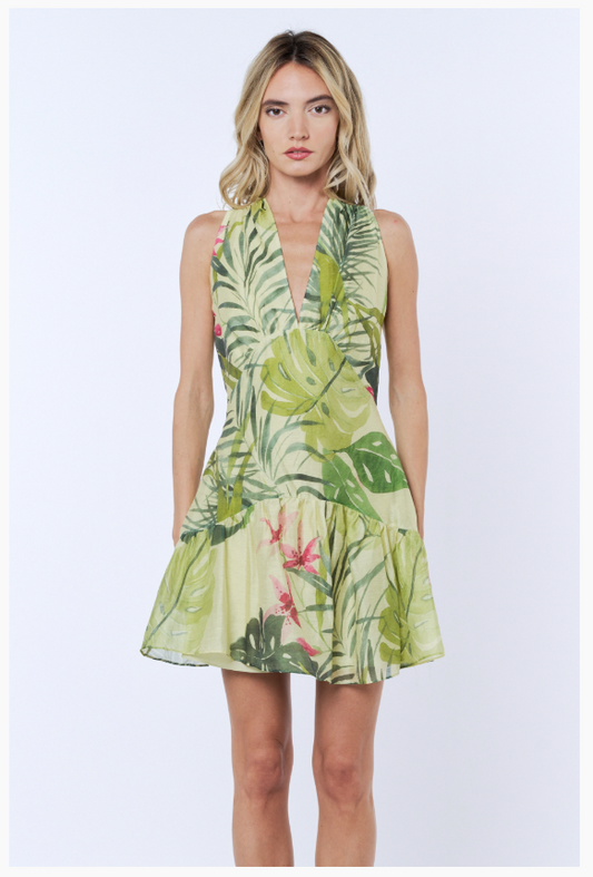 Green Palm Halter Mini Dress