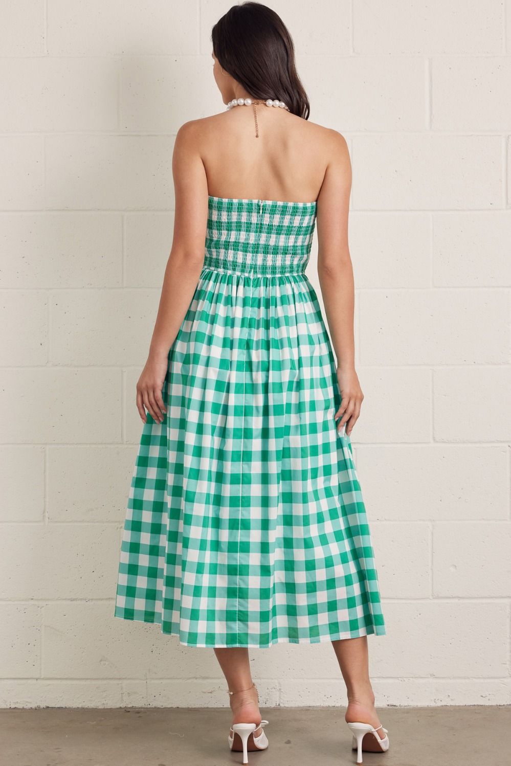 Green Gingham Strapless Midi Dress