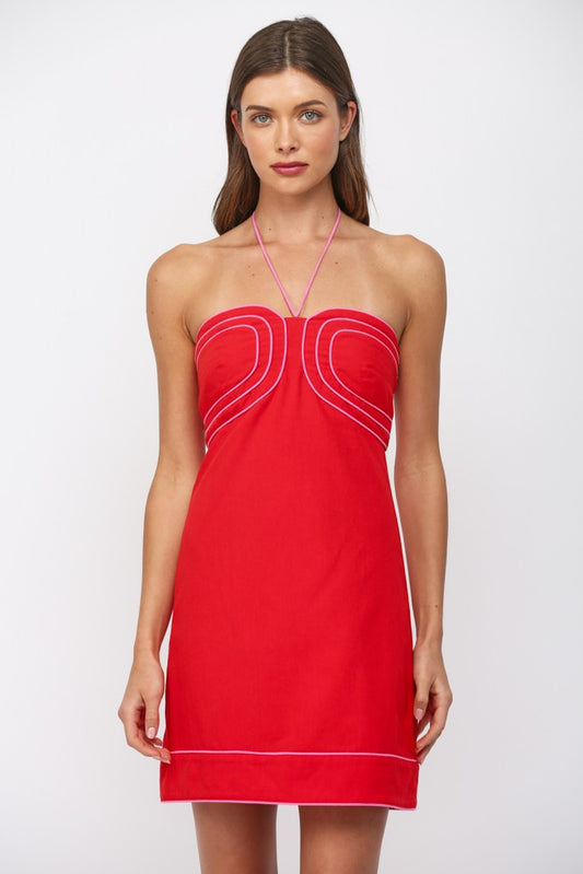 Halter Neck Mini Dress With Contrast Color Piping Detail
