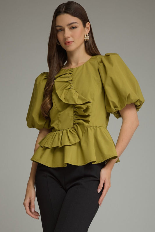 Harper Ruffle Puff Sleeve Top In Martini Olive