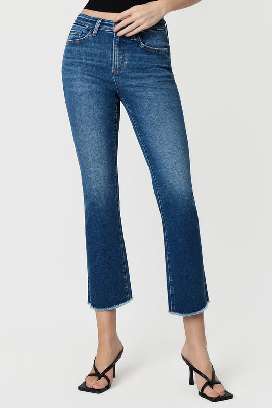 High Rise Raw Hem Dark Wash Kick Flare Jeans