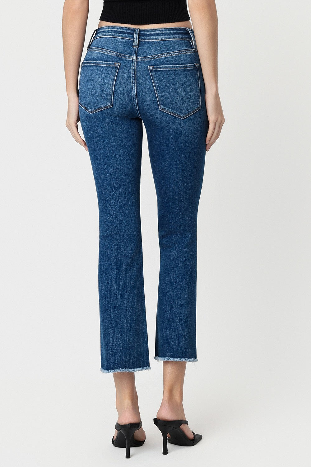 High Rise Raw Hem Dark Wash Kick Flare Jeans