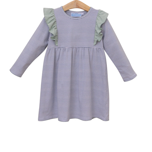 Trotter Street Madison Dress In Dusty Blue Stripe & Sage Green