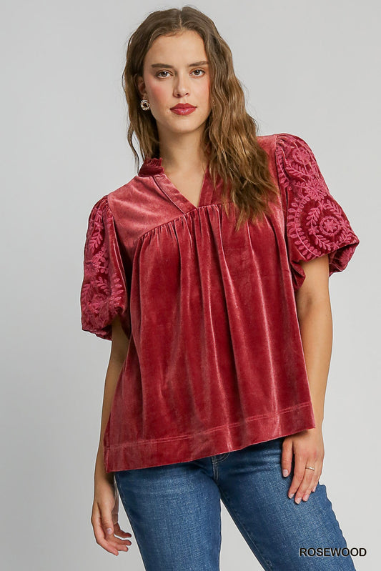 Rosewood Velvet Embroidered Sleeve Top