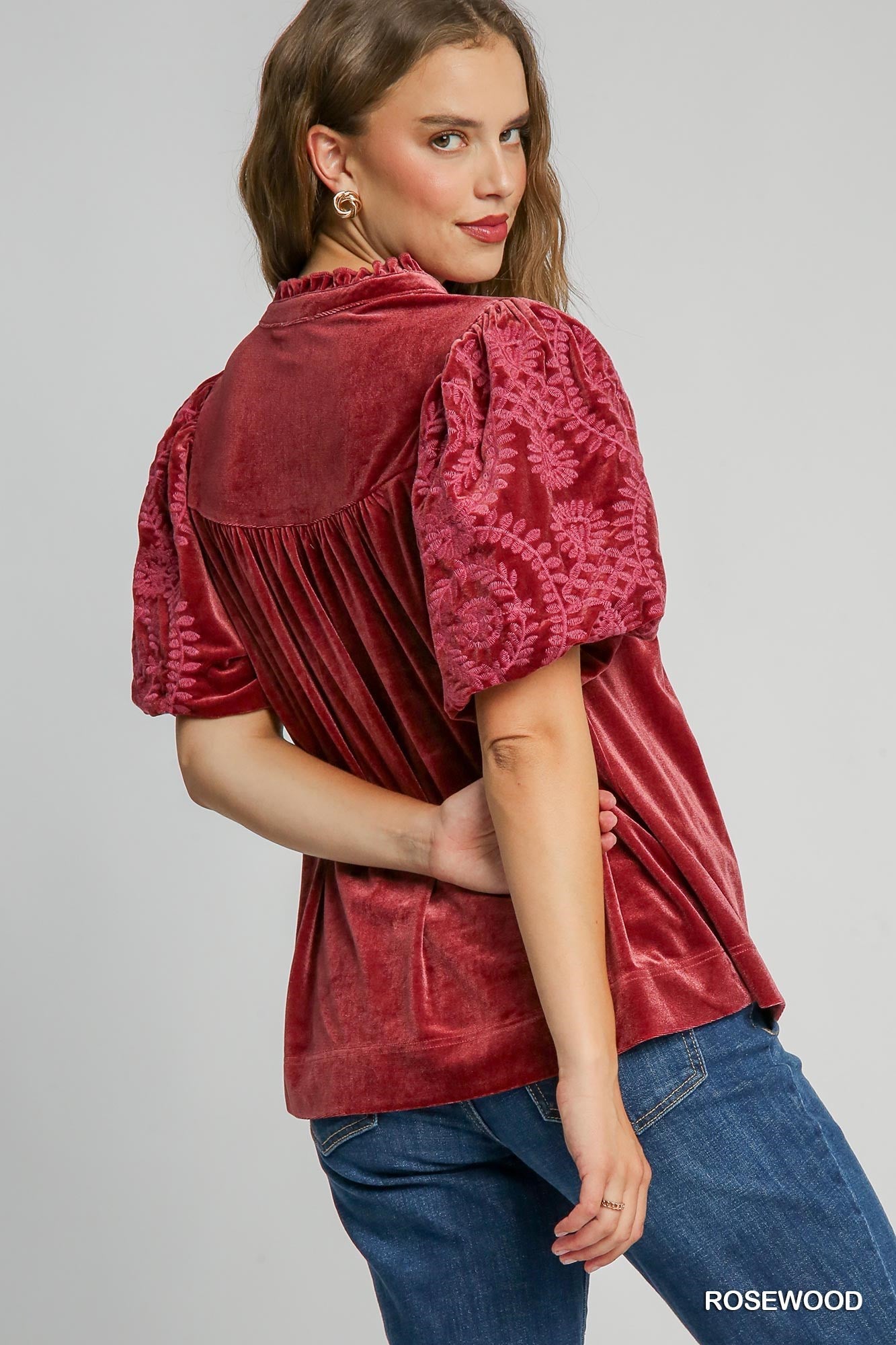 Rosewood Velvet Embroidered Sleeve Top