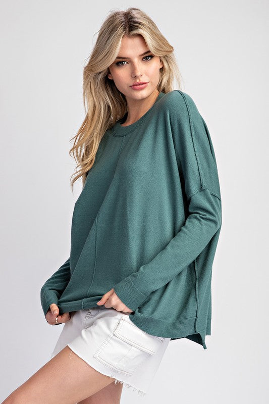 Round Neck Light Weight Sweater In Juniper Green