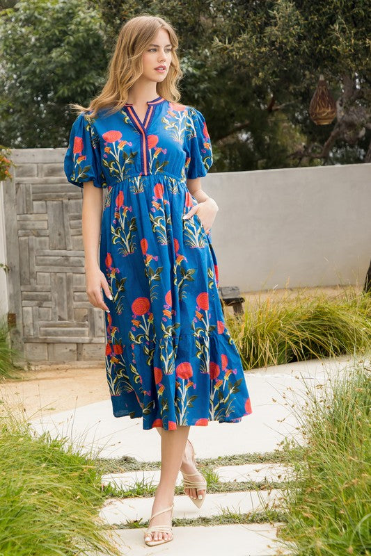 Flower Power Puff Sleeve Midi Dress