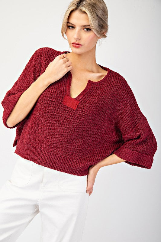 Textured V Neck Oversized Crop Sweater In Cranberry