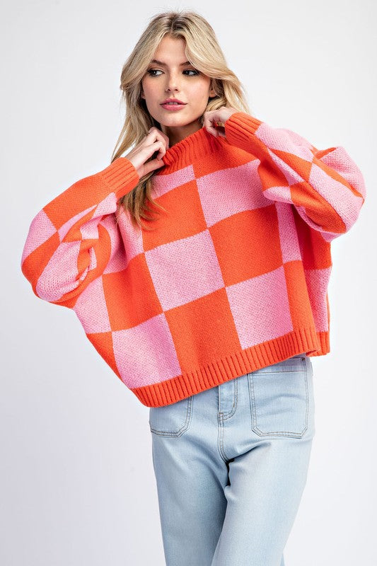 Pink Orange Checker Print Sweater