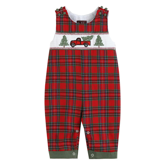 Red Plaid Tree/Truck Smocked Overalls