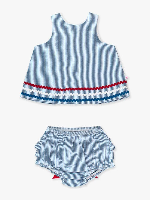 RuffleButts Americana Blue Seersucker Ric Rac Swing Top & Bloomer Set
