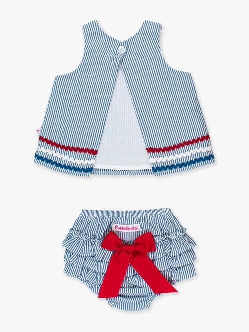 RuffleButts Americana Blue Seersucker Ric Rac Swing Top & Bloomer Set