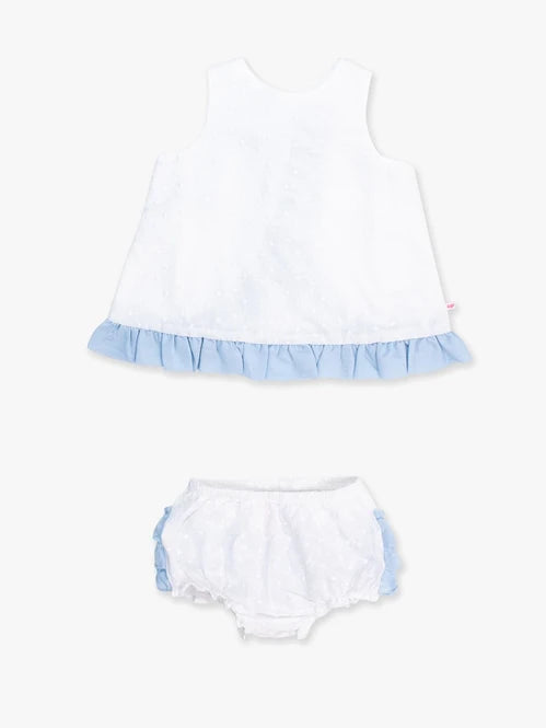 RuffleButts White & Light Blue Embroidered Dot Swing Top & Bloomer Set