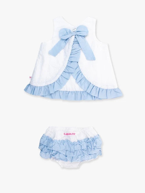 RuffleButts White & Light Blue Embroidered Dot Swing Top & Bloomer Set